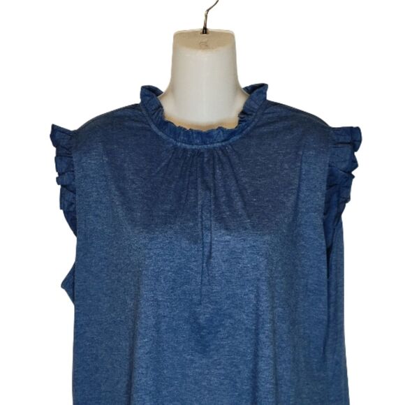 Lomon Lady's Fashion Blue Ruffled Sleeve Crew Neck Sleeveless Top - NWT - Picture 6 of 7